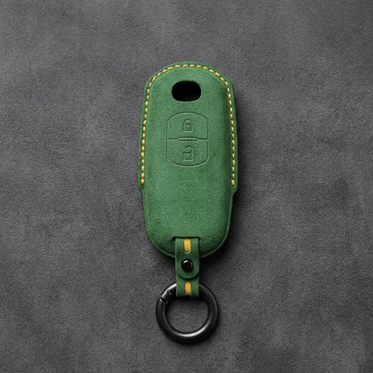 Mazda Hand-Stitched Alcantara Key Fob Cover - 2-Button Vertical Smart Key - Grass Green