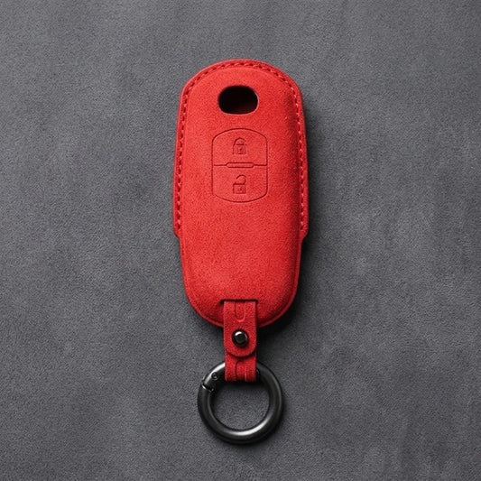 Mazda Hand-Stitched Alcantara Key Fob Cover - 2-Button Vertical Smart Key - Red