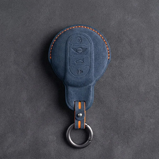 Mini Cooper Hand Stitched Alcantara Key Fob Cover Circular Panic Smart Key Cobalt Blue