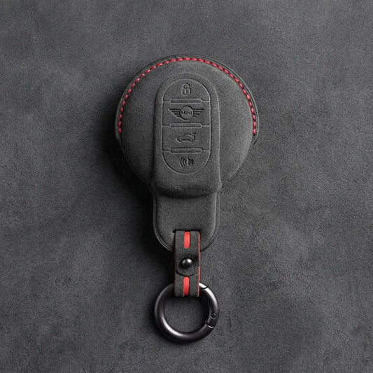 Mini Cooper Hand Stitched Alcantara Key Fob Cover Circular Panic Smart Key Dark Charcoal