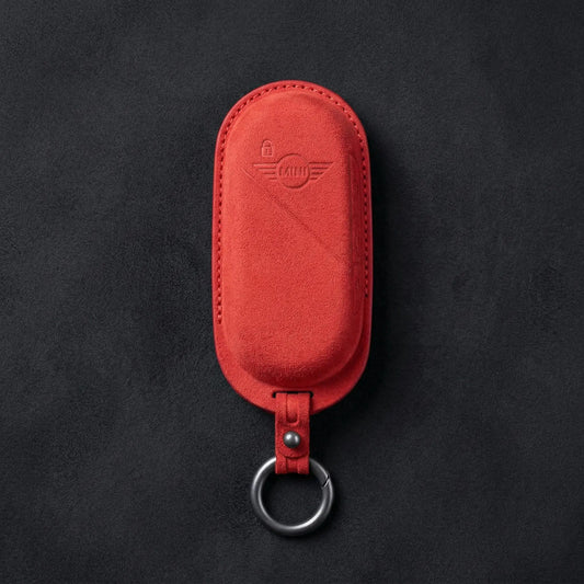 Mini Cooper Hand - Stitched Alcantara Key Fob Cover – Oval Smart Key - Red