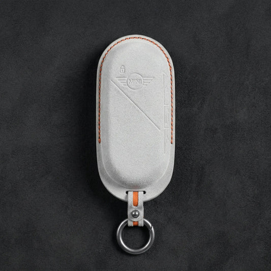 Mini Cooper Hand - Stitched Alcantara Key Fob Cover – Oval Smart Key - White