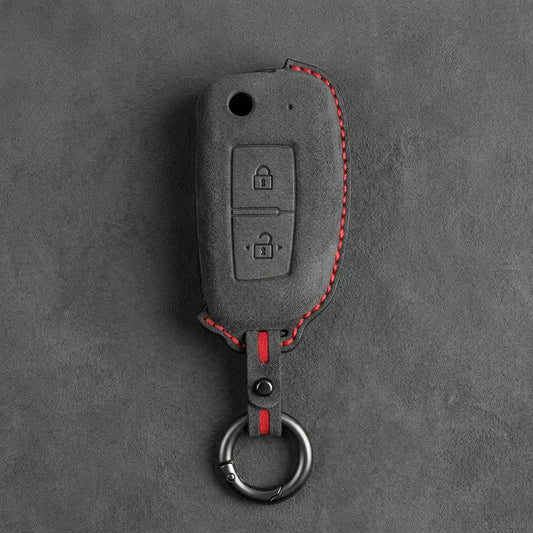 Nissan Hand-Stitched Alcantara Key Fob Cover – Modern 2-Button - Dark Charcoal
