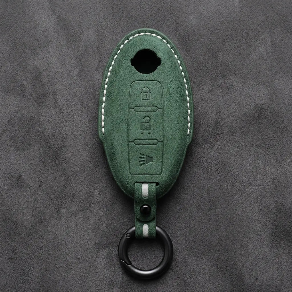 Nissan Hand-Stitched Alcantara Key Fob Cover – Oval 3-Button Panic - Dark Green