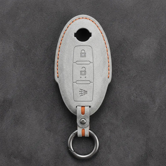 Nissan Hand-Stitched Alcantara Key Fob Cover – Oval 3-Button Panic - White