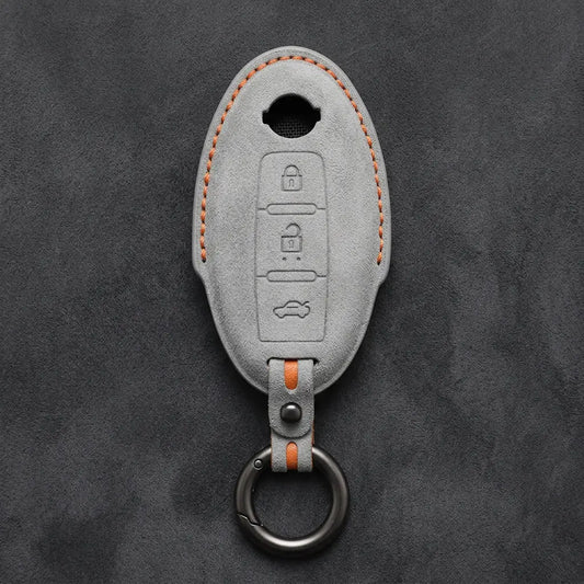 Nissan Hand-Stitched Alcantara Key Fob Cover – Oval 3-Button - White