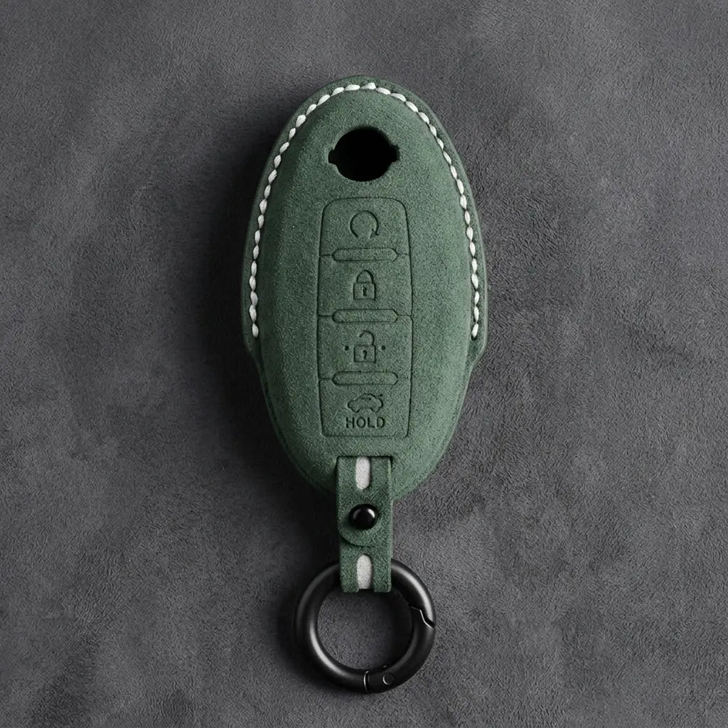 Nissan Hand-Stitched Alcantara Key Fob Cover – Oval 4-Button Remote Start - Dark Green