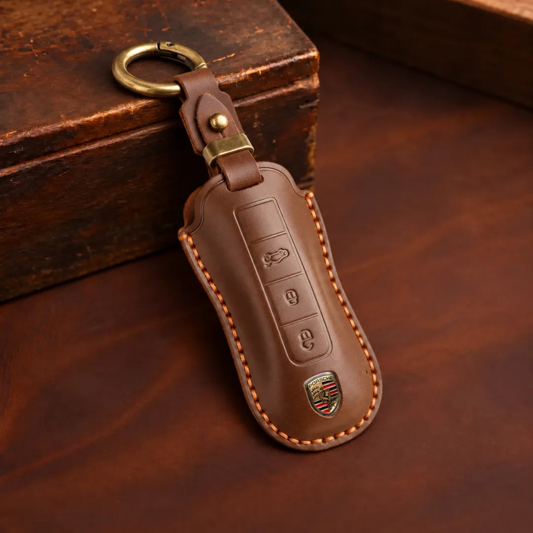 Porsche Hand-Crafted Leather Key Fob Cover - Signature Car-Shape - Brown