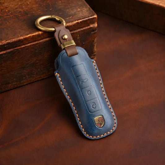 Porsche Hand-Crafted Leather Key Fob Cover - Signature Car-Shape - Navy