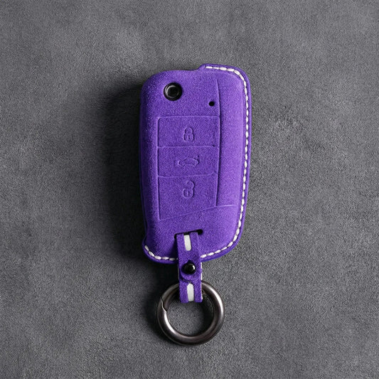 Skoda Hand - Stitched Alcantara Key Fob Cover – Flip Key 3 - Button - Dark purple