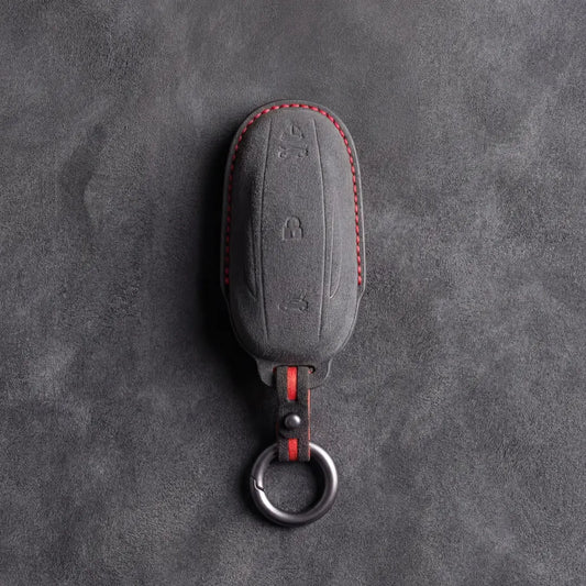 Dark charcoal Alcantara key fob cover with red contrast stitching for Tesla Model S and Model X keys - Vietiki