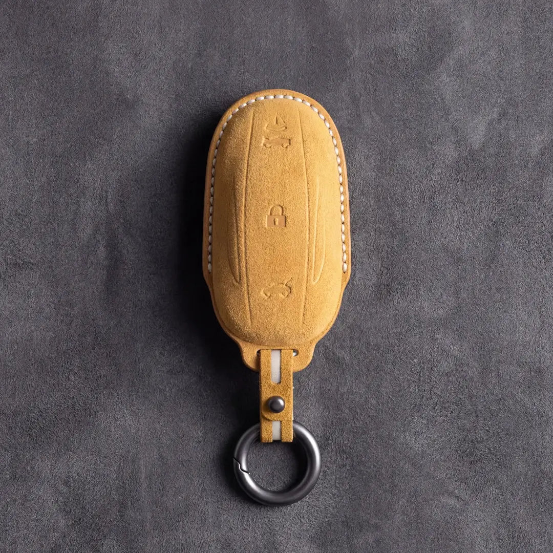Soft brown Alcantara key fob cover case with matching loop for Tesla Model S and Model X keys - Vietiki