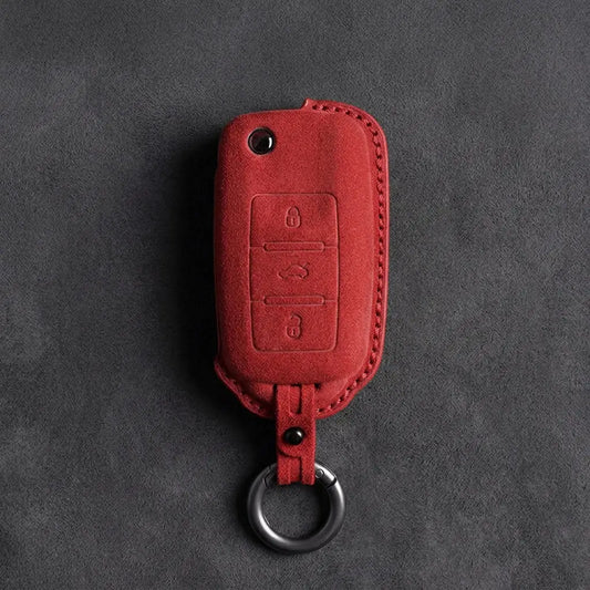 Volkswagen Hand Stitched Alcantara Key Fob Cover Rectangular 3-button Flip Key Red