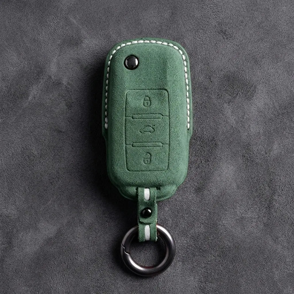 Volkswagen Hand Stitched Alcantara Key Fob Cover Rectangular 3-button Smart Key Dark Green
