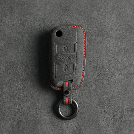 Volkswagen Hand - Stitched Alcantara Key Fob Cover - Shield - Style 3 - Button - Dark charcoal