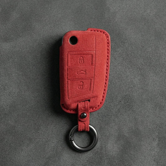 Volkswagen Hand - Stitched Alcantara Key Fob Cover - Shield - Style 3 - Button - Red
