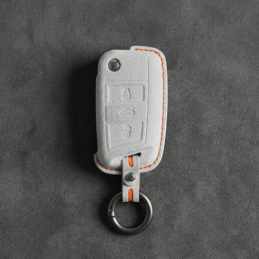 Volkswagen Hand - Stitched Alcantara Key Fob Cover - Shield - Style 3 - Button - White