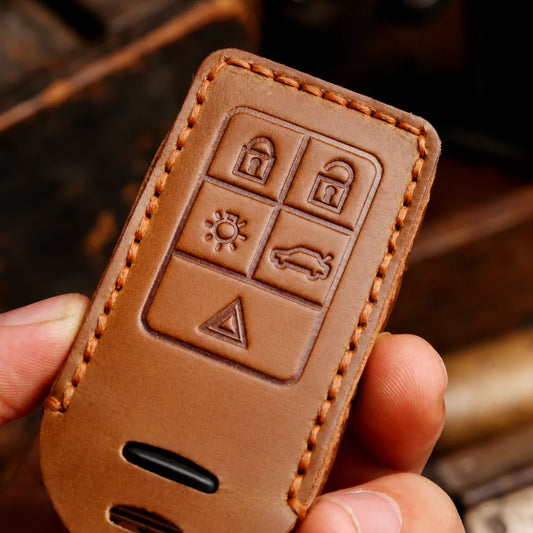 Volvo Hand-Crafted Leather Key Fob Cover - Rectangular 5-Button - Brown Front Side Buttons Close Up