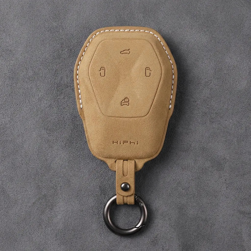 HiPhi Hand-Stitched Alcantara Key Fob Cover – Smart Key Remote - Soft Brown