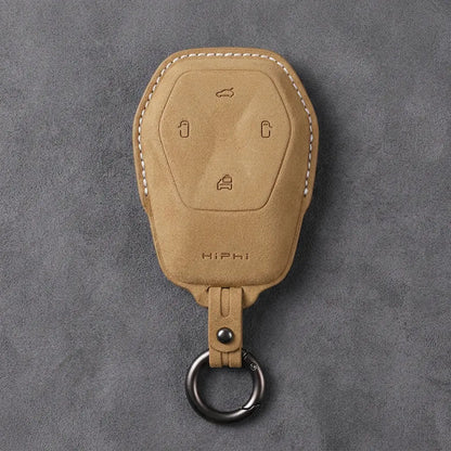HiPhi Hand-Stitched Alcantara Key Fob Cover – Smart Key Remote - Soft Brown