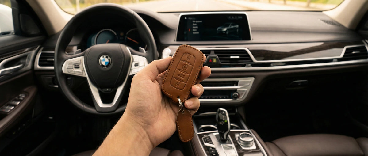 Hand holding a brown leather key cover inside a BMW