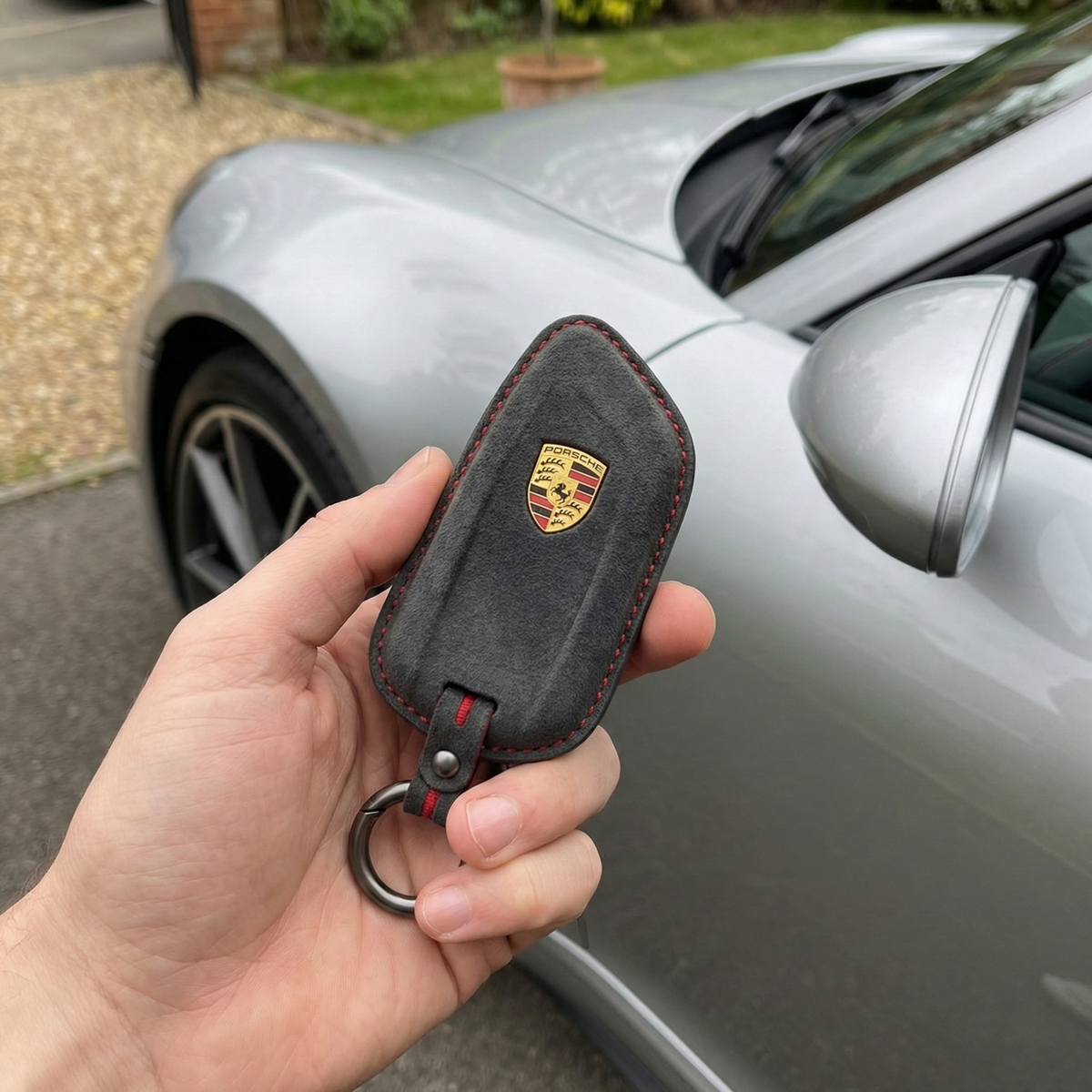 Porsche key in a dark gray cover held next to a silver Porsche