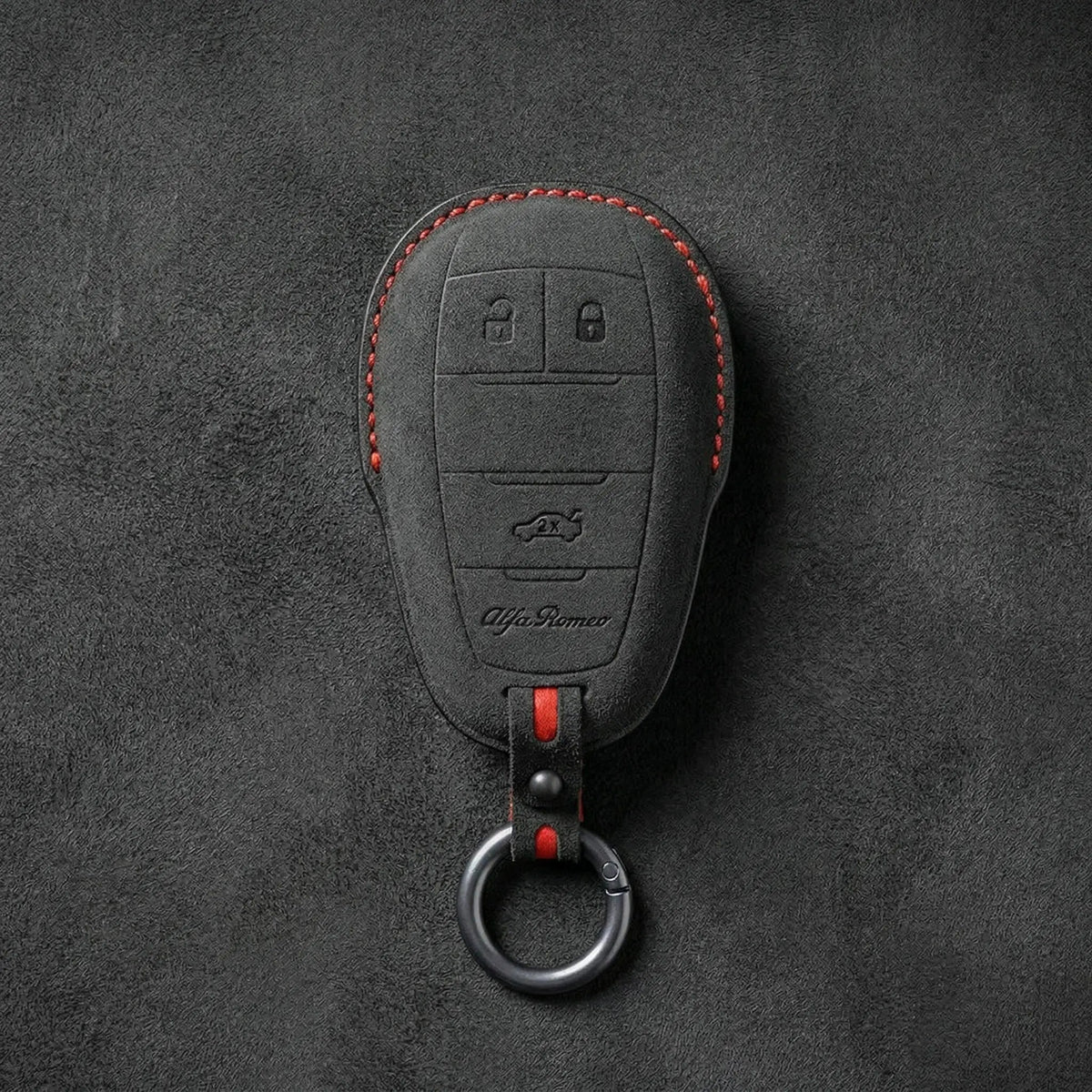 Alfa Romeo - Schlüsselhülle aus handgenähtem Alcantara - Schild-Design, 3 Tasten in Dunkelanthrazit