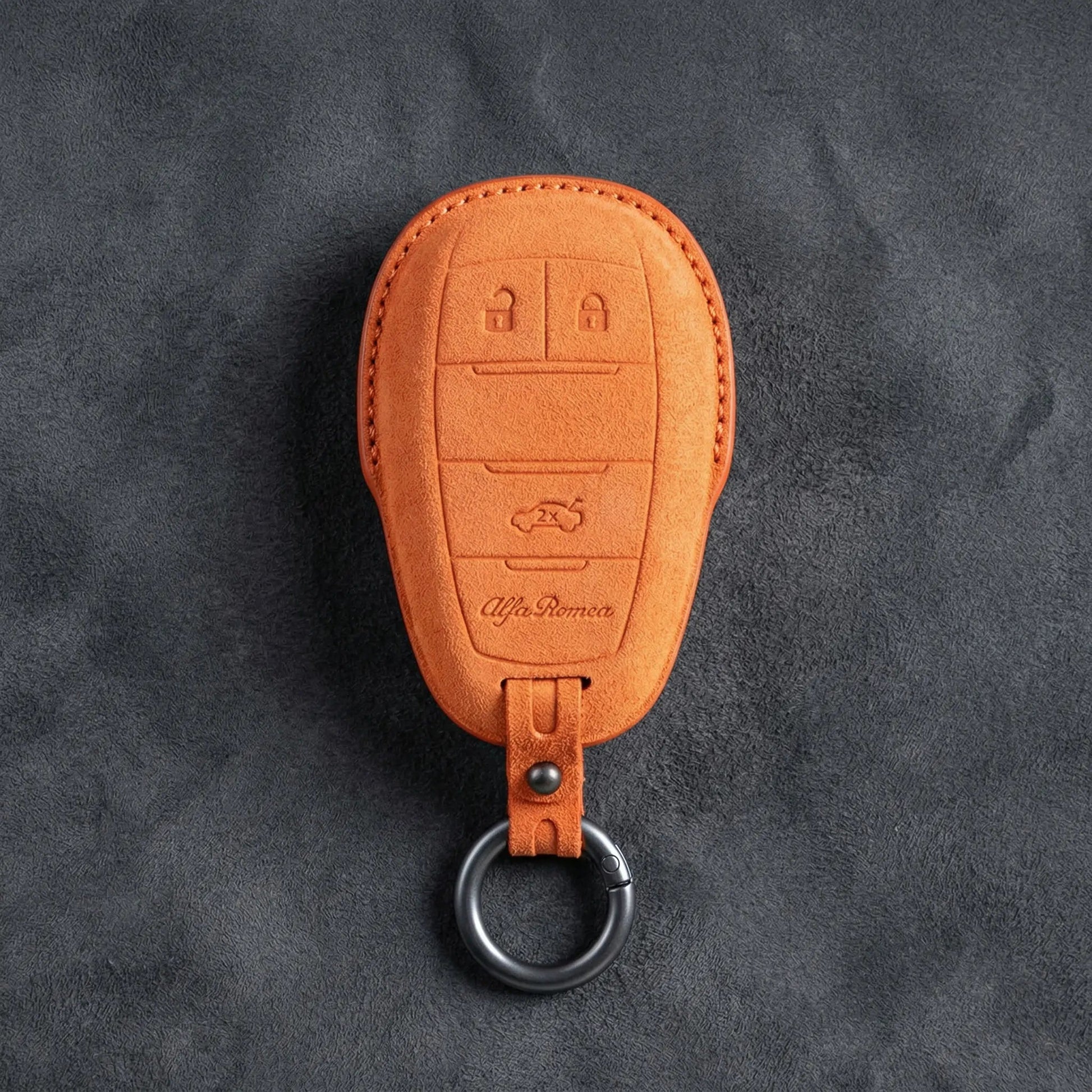 Alfa Romeo Hand - Stitched Alcantara Key Fob Cover – Shield 3 - Button - Orange