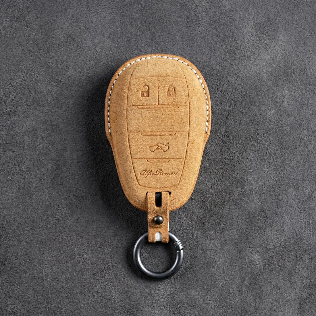 Alfa Romeo Hand - Stitched Alcantara Key Fob Cover – Shield 3 - Button - Soft brown