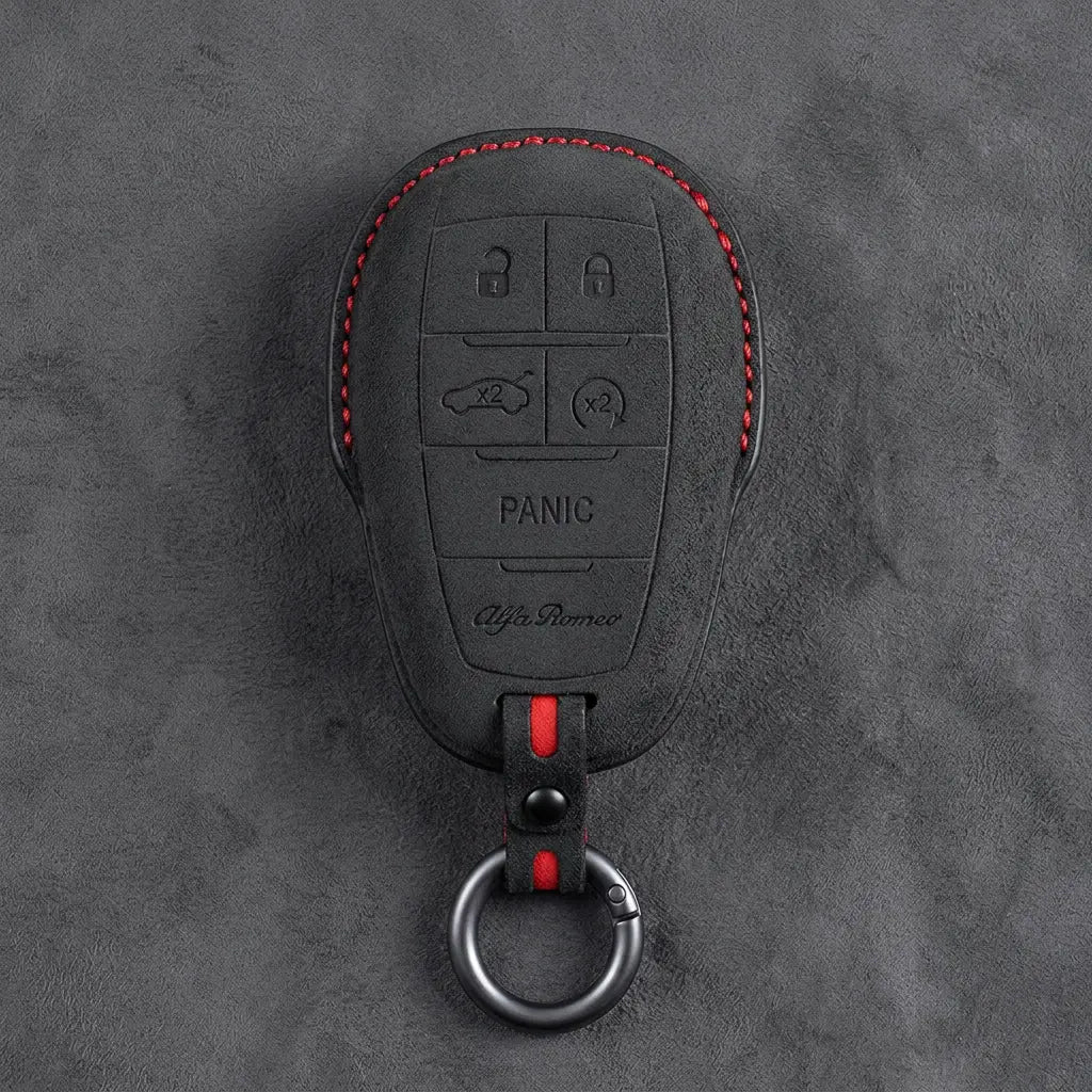 Alfa Romeo Hand-Stitched Alcantara Key Fob Cover - Shield 5-Button - Dark Charcoal