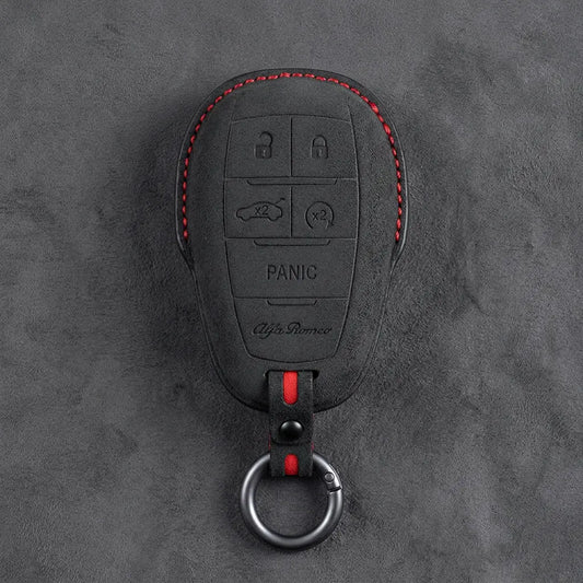Alfa Romeo Hand-Stitched Alcantara Key Fob Cover - Shield 5-Button - Dark Charcoal