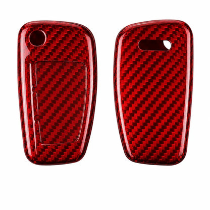 Two glossy red carbon fiber textured car key fob cases covers shown side by side on a plain white background.