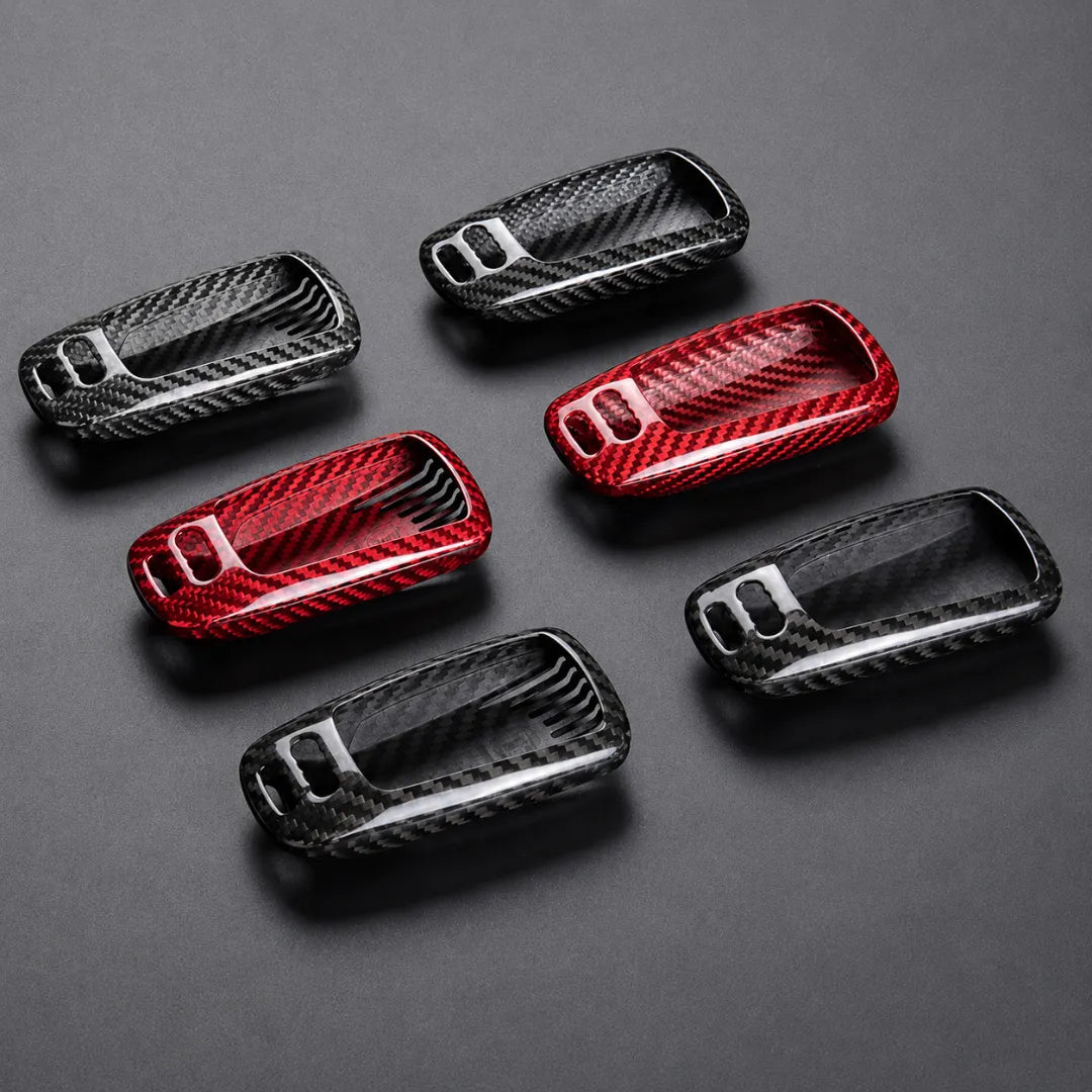 Six carbon fiber textured trim covers arranged on a dark gray background, including black, red and silver options.