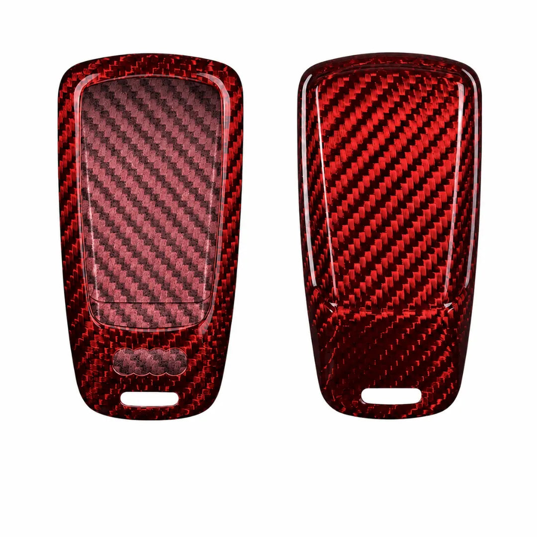 Two red carbon fiber textured key fob covers shown from front and back on a plain white background.