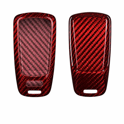Two red carbon fiber textured key fob covers shown from front and back on a plain white background.