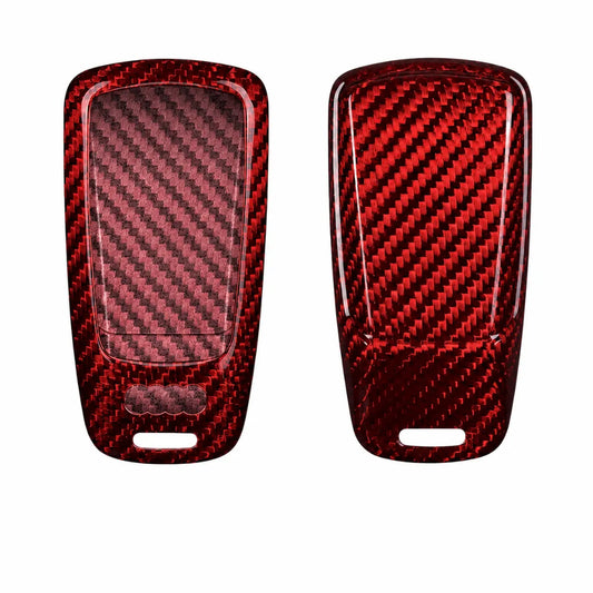 Two red carbon fiber textured key fob covers shown from front and back on a plain white background.