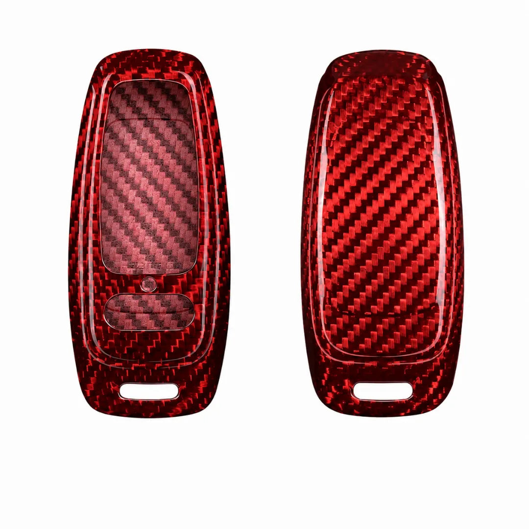 Two red carbon fiber patterned key fob covers shown side by side on a plain white background.