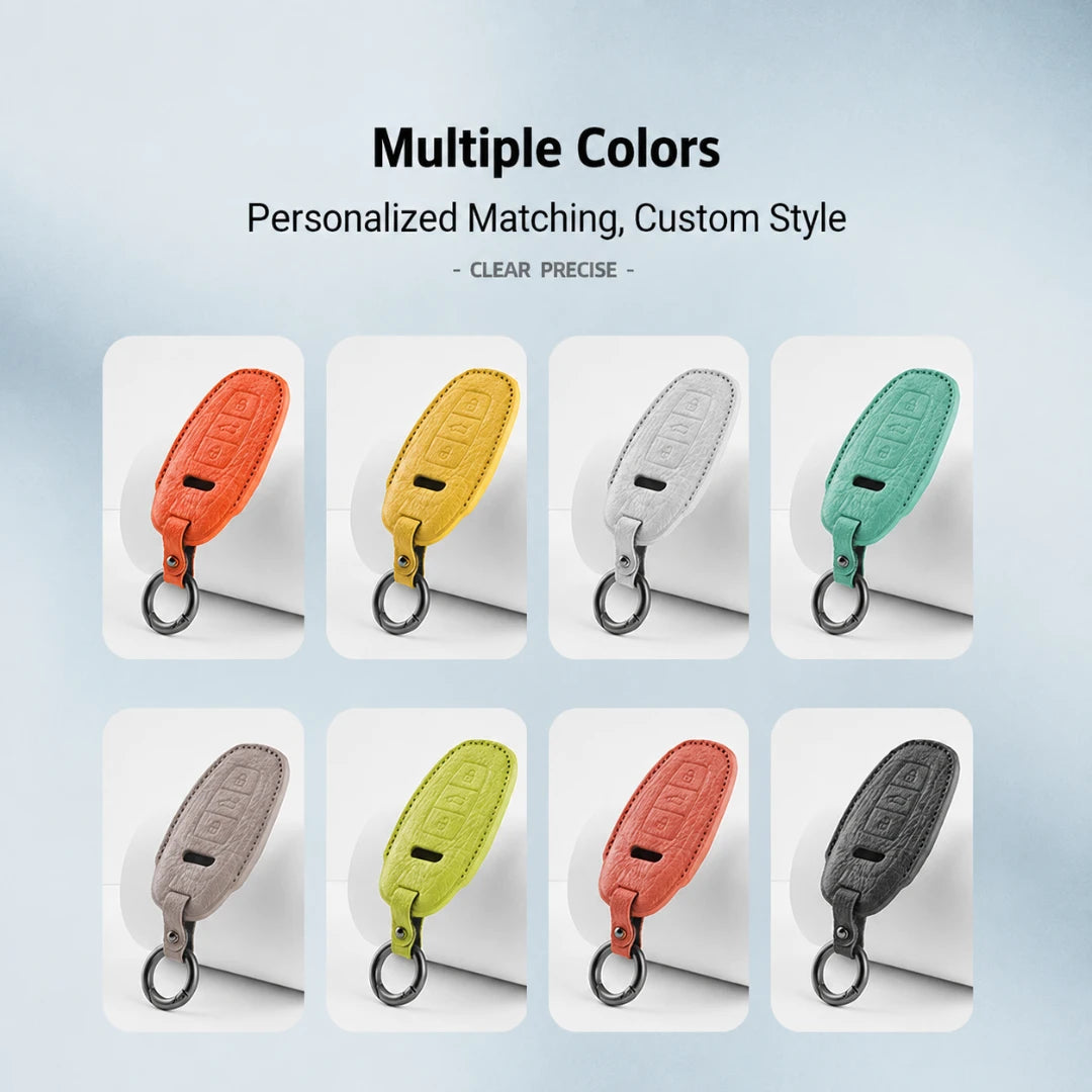A promotional graphic showing eight car key fob covers in different colors arranged in a grid, with text at the top reading 'Multiple Colors' and 'Personalized Matching, Custom Style'. The covers are shown on white key fobs against a soft light blue background.
