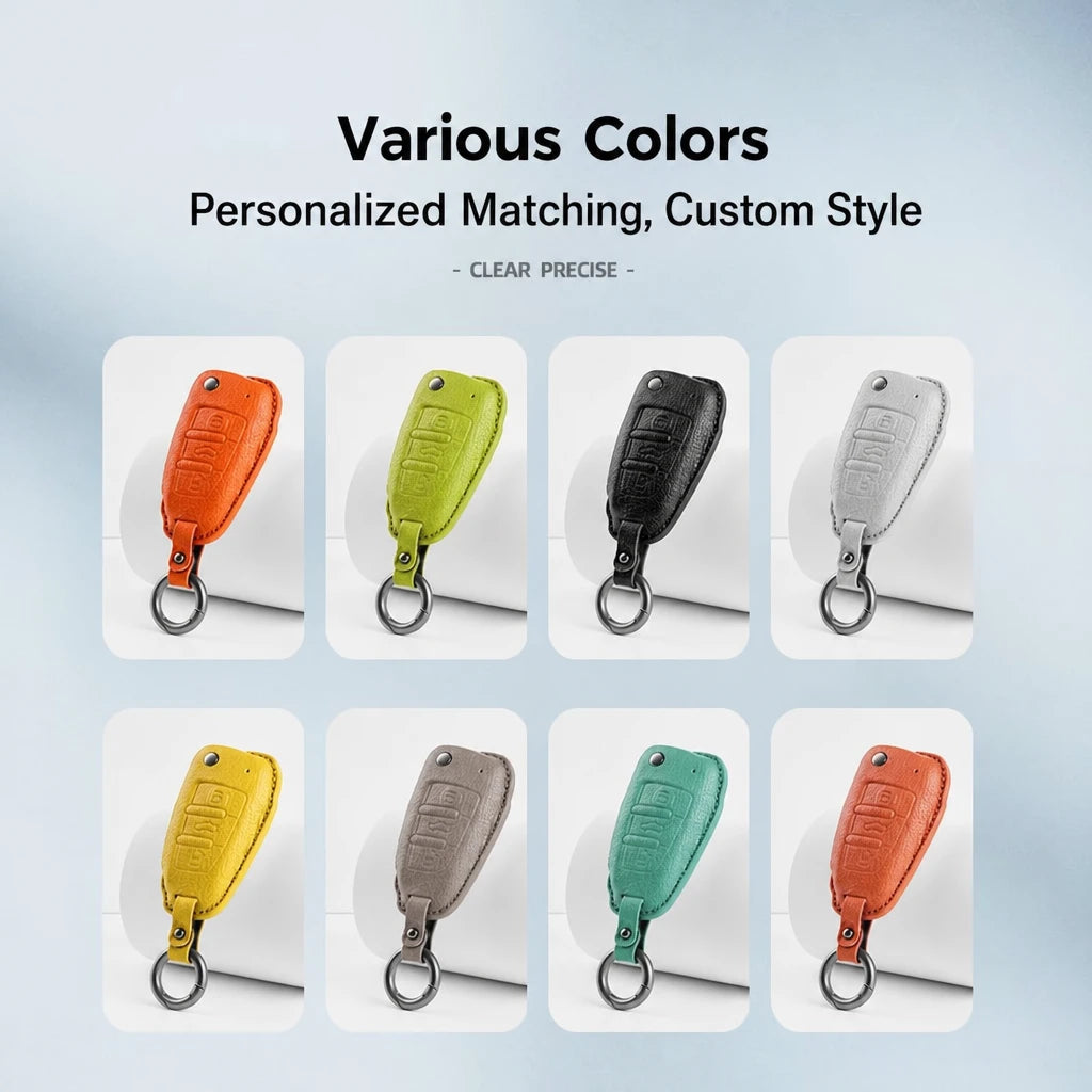 Six personalized leather key fob covers shown in different colors on a light blue gradient background, with text reading 'Various Colors' and 'Personalized Matching, Custom Style'.