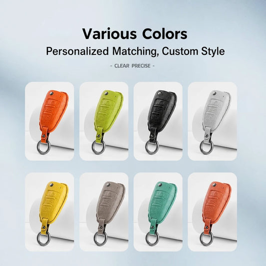 Six personalized leather key fob covers shown in different colors on a light blue gradient background, with text reading 'Various Colors' and 'Personalized Matching, Custom Style'.