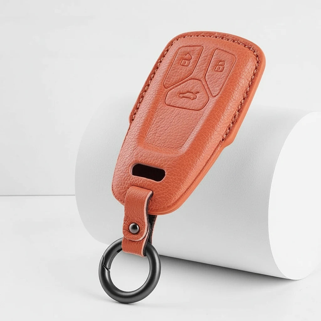 Audi Goatskin Key Fob Cover - Geometric 3-Button Smart Fob - Brown