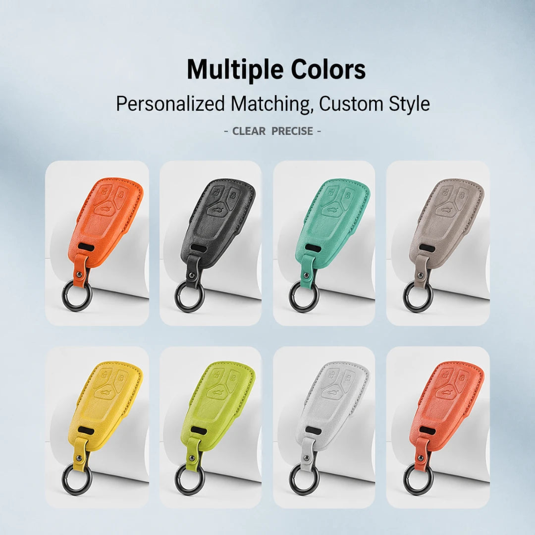 Six personalized key fob covers shown in different colors on a light blue gradient background, with text reading 'Multiple Colors' and 'Personalized Matching, Custom Style'.