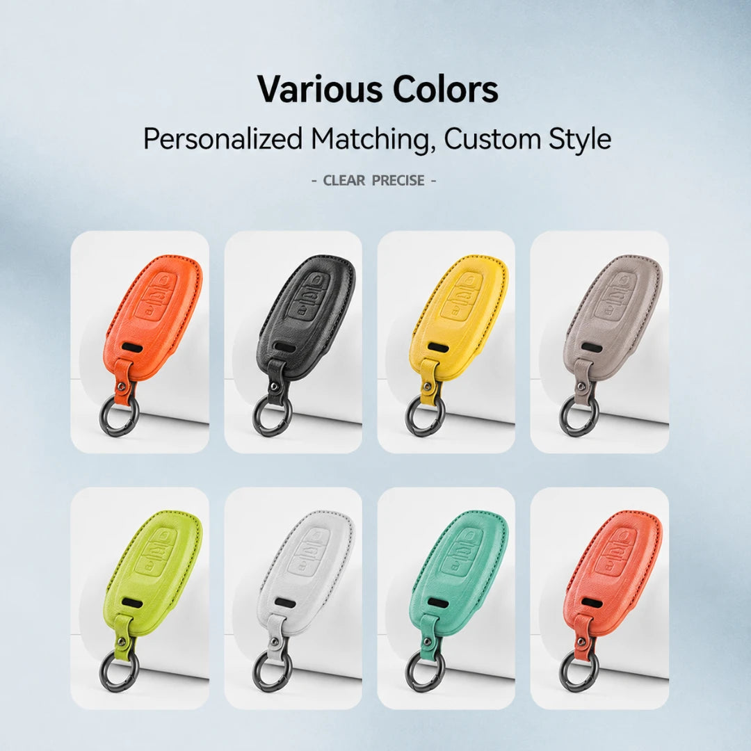 Six car key fob covers shown in different colors on a light blue gradient background, with text reading 'VIBRANT COLOR OPTIONS' and 'PERSONALIZED MATCHING, CUSTOM STYLE'.