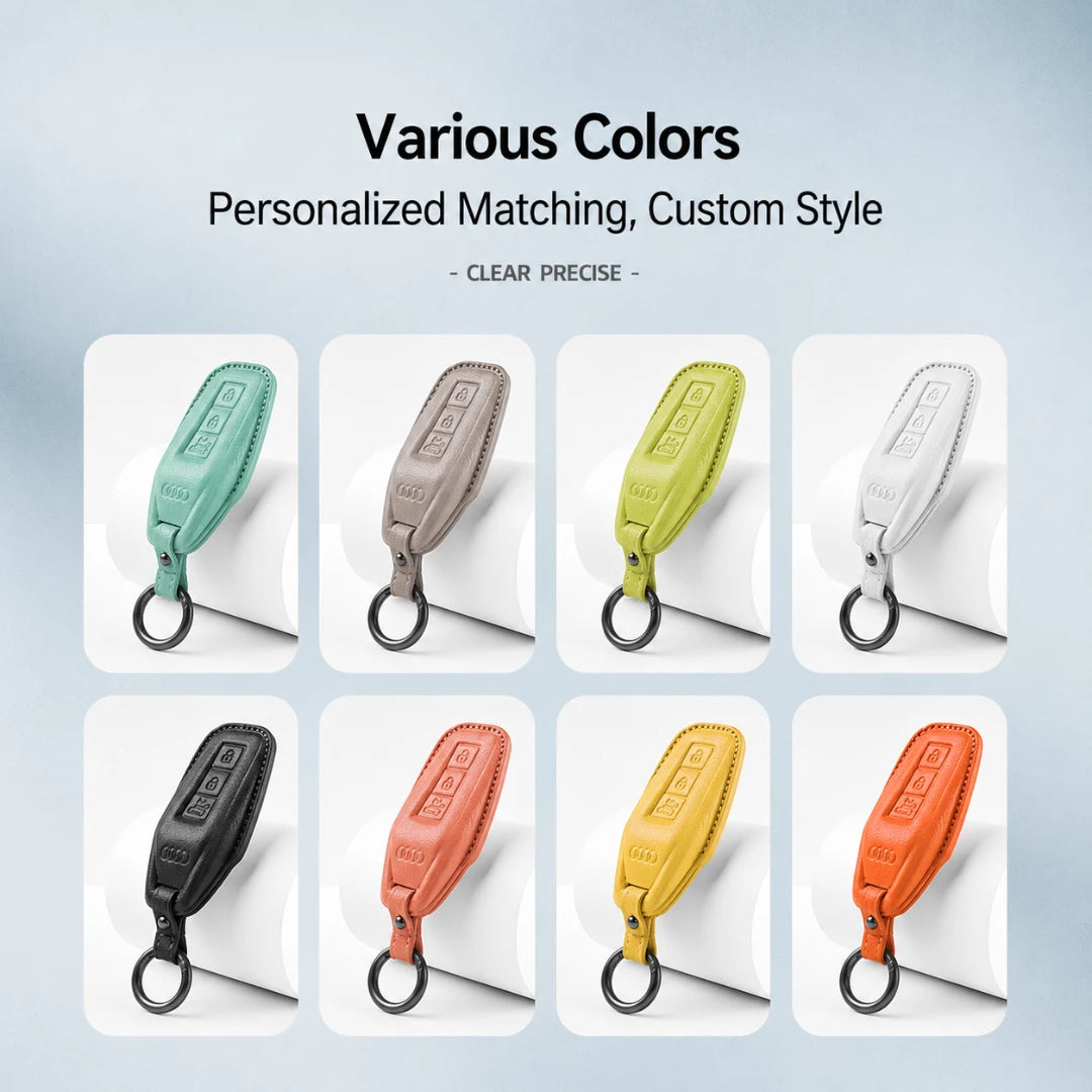 Six personalized leather key fob covers shown in different colors on a light blue gradient background, with text reading 'Various Colors' and 'Personalized Matching, Custom Style'.