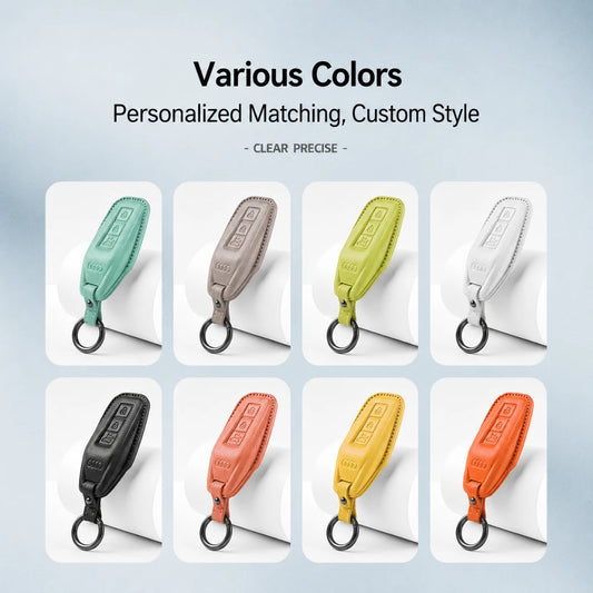 Six personalized leather key fob covers shown in different colors on a light blue gradient background, with text reading 'Various Colors' and 'Personalized Matching, Custom Style'.