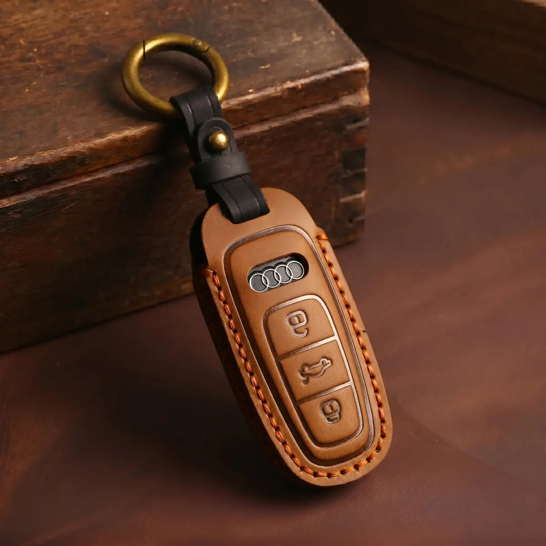 Audi Hand Crafted Leather Key Fob Cover Aero 3-button Smart Brown