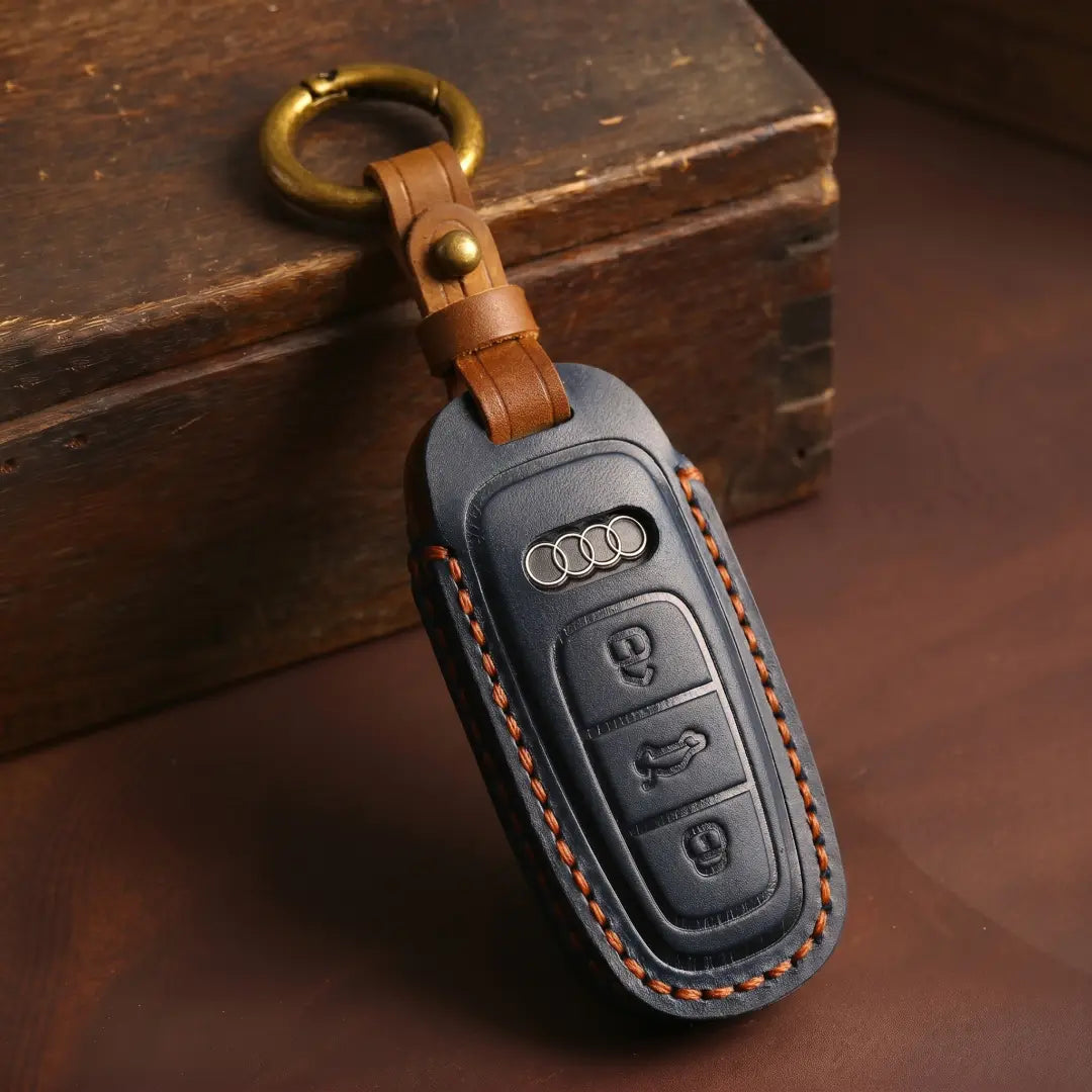 Audi Hand Crafted Leather Key Fob Cover Aero 3-button Smart Navy