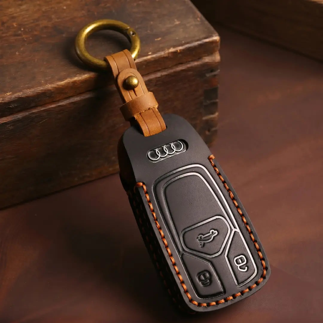 Audi Hand Crafted Leather Key Fob Cover Geometric 3-button Smart Fob Black