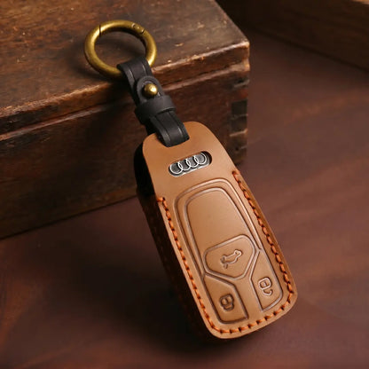 Audi Hand Crafted Leather Key Fob Cover Geometric 3-button Smart Brown
