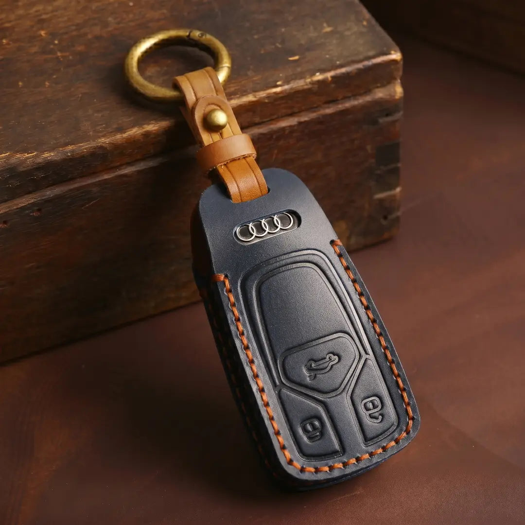 Audi Hand Crafted Leather Key Fob Cover Geometric 3-button Smart Navy